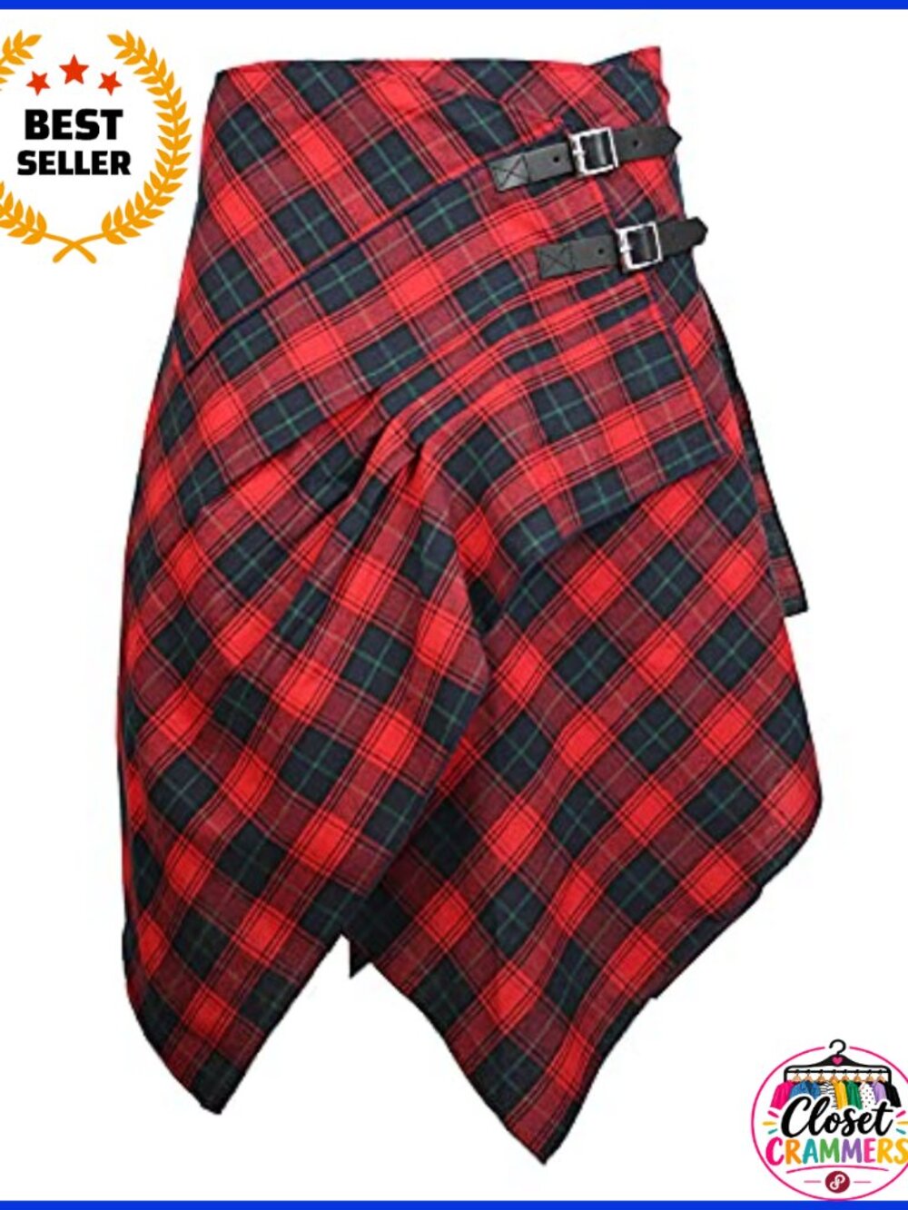 Pleated Tartan Plaid Wrap Skirt with Pockets Asymmetrical Hem